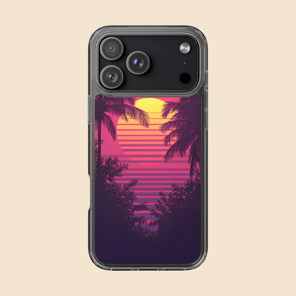 Funda transparente para iPhone con diseño retro de atardecer tropical y palmeras estilo synthwave
