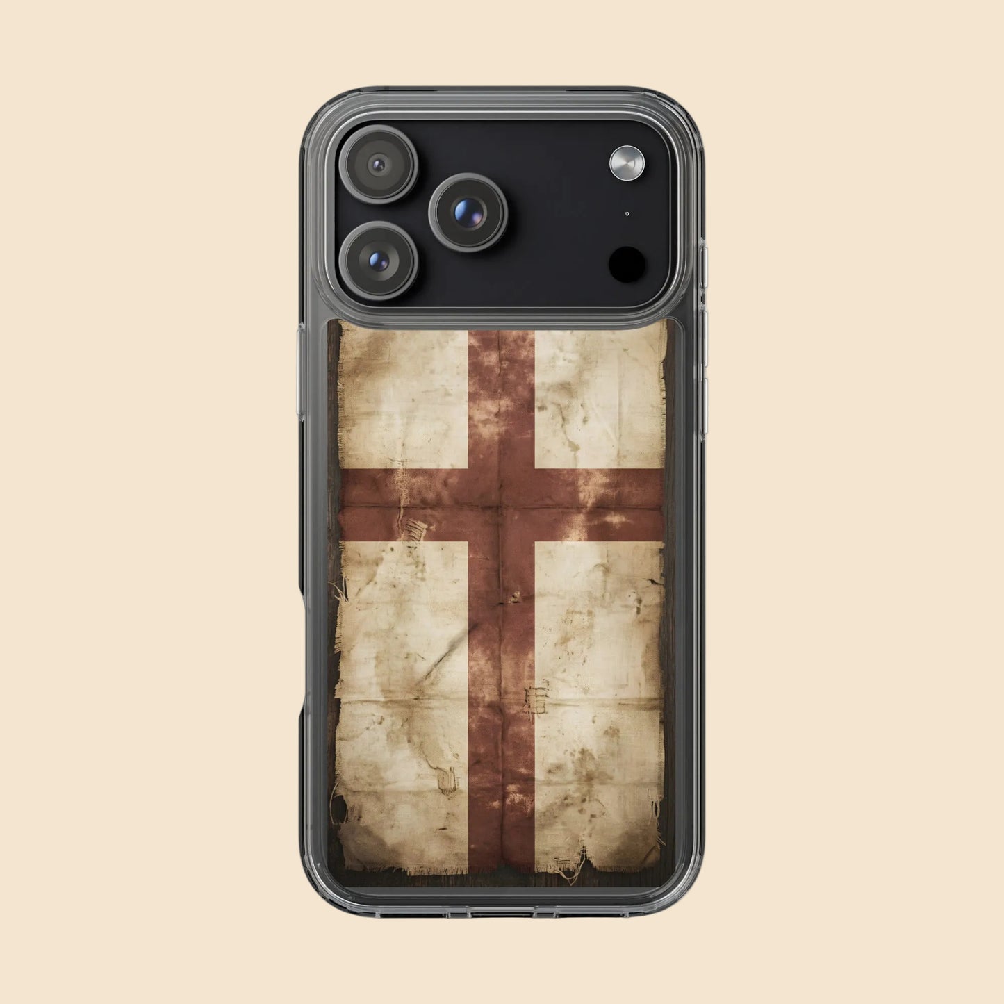 Funda transparente para iPhone con diseño vintage de la Cruz de San Jorge sobre bandera medieval envejecida