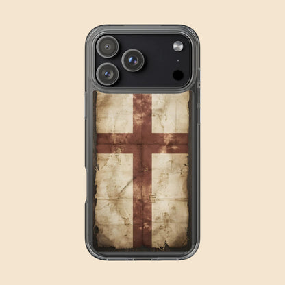 Funda transparente para iPhone con diseño vintage de la Cruz de San Jorge sobre bandera medieval envejecida