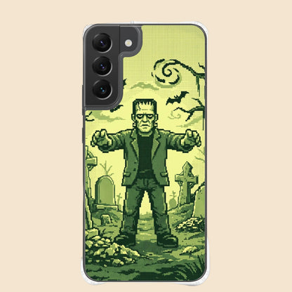Vista trasera de una funda transparente para Samsung® con ilustración de Frankenstein en pixel art verde.