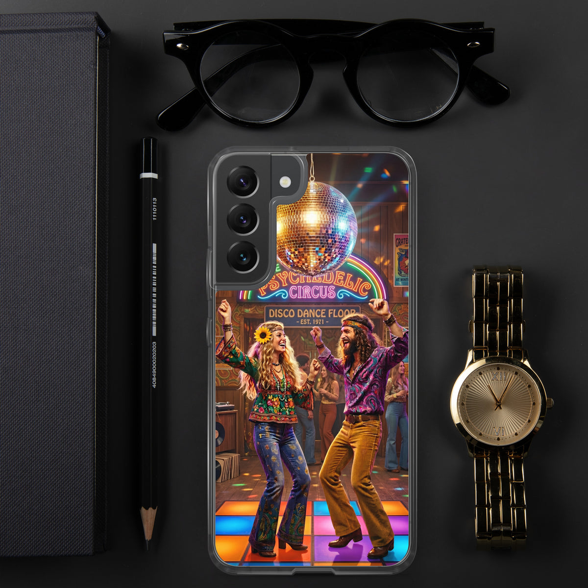 Funda transparente de Samsung con diseño de música disco vintage sobre una superficie decorativa