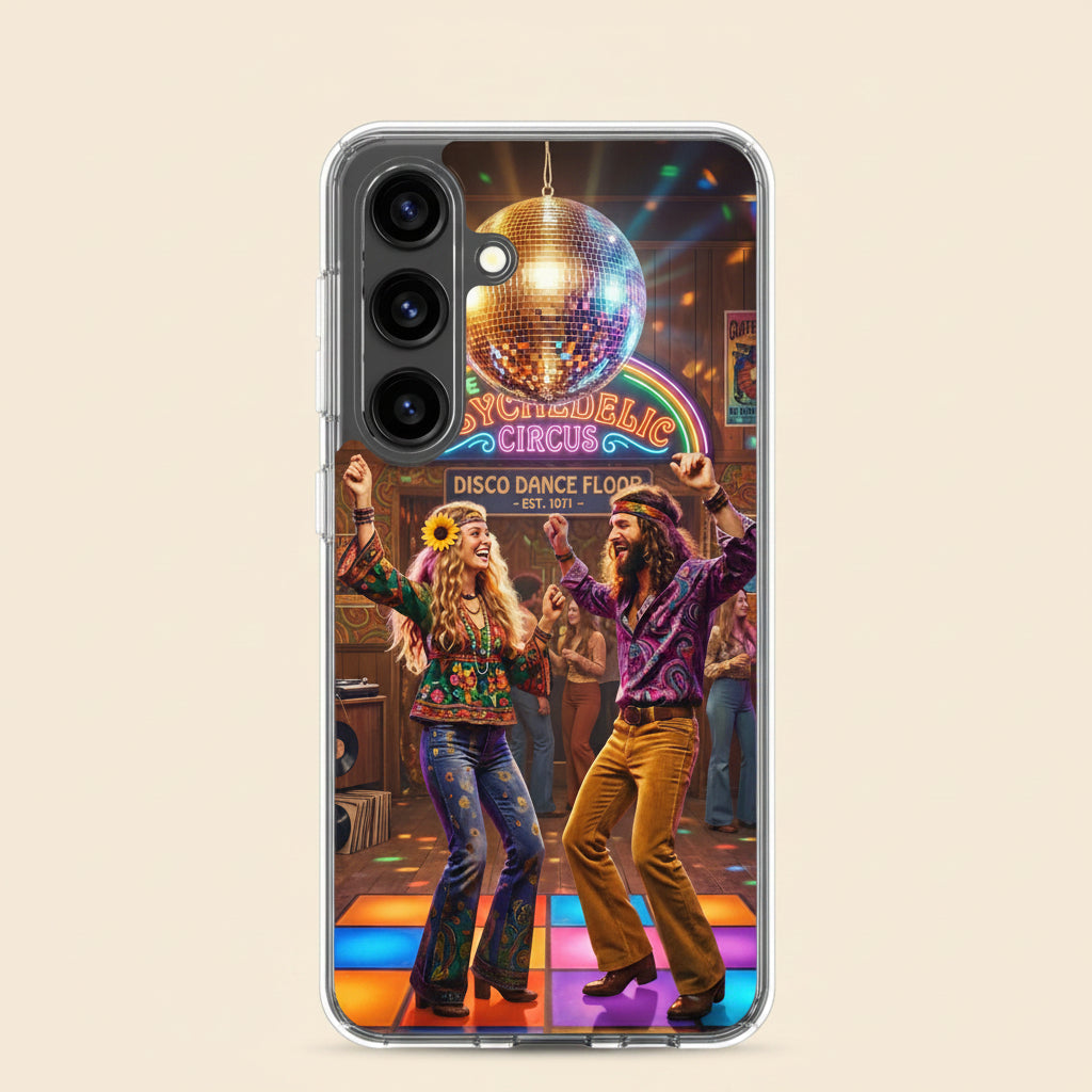 Funda transparente para Samsung con diseño disco vintage psicodélico inspirado en los años 70
