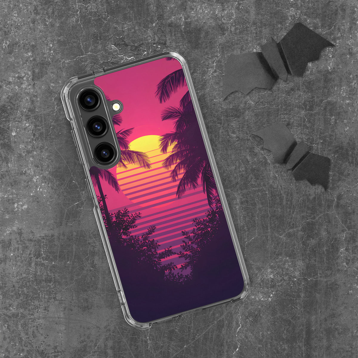 Funda transparente de Samsung con paisaje tropical vintage y colores neón retro