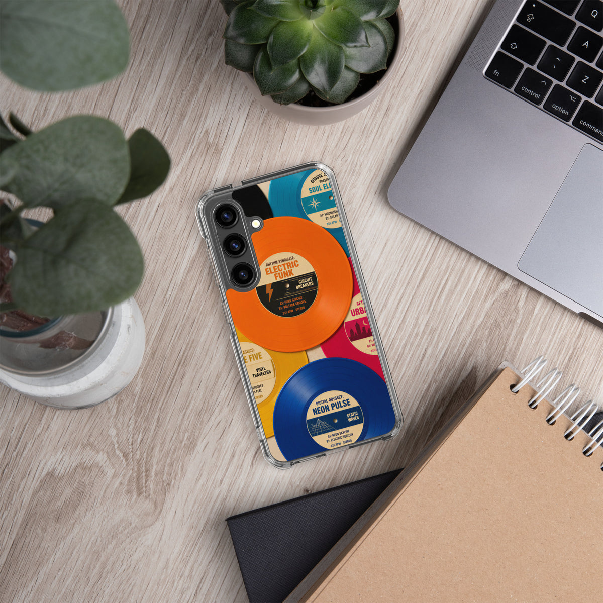 Parte trasera de una funda transparente de Samsung con ilustración de discos de vinilo vintage