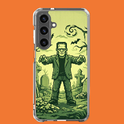 Funda transparente para Samsung® con diseño retro de Frankenstein en tonos verdes sobre un cementerio.
