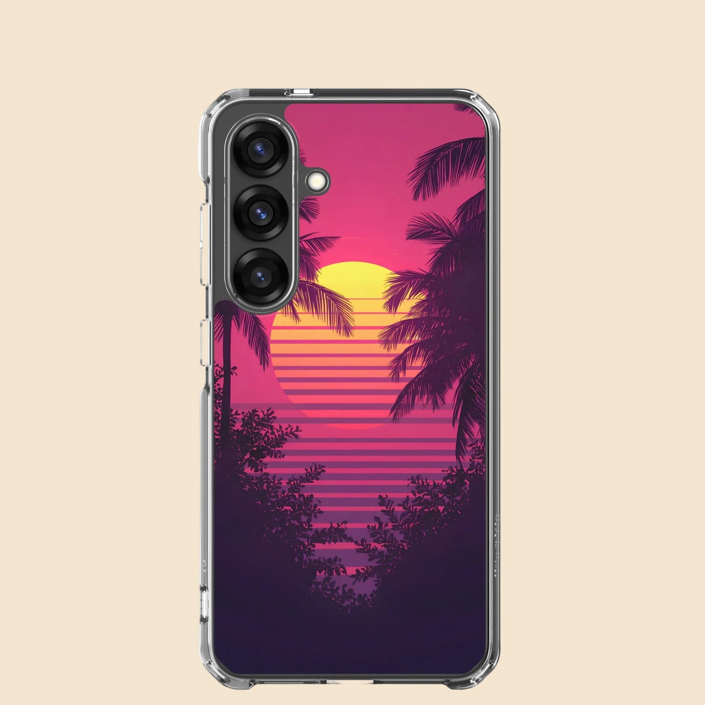 Funda transparente para Samsung con diseño retro de atardecer tropical y palmeras estilo synthwave