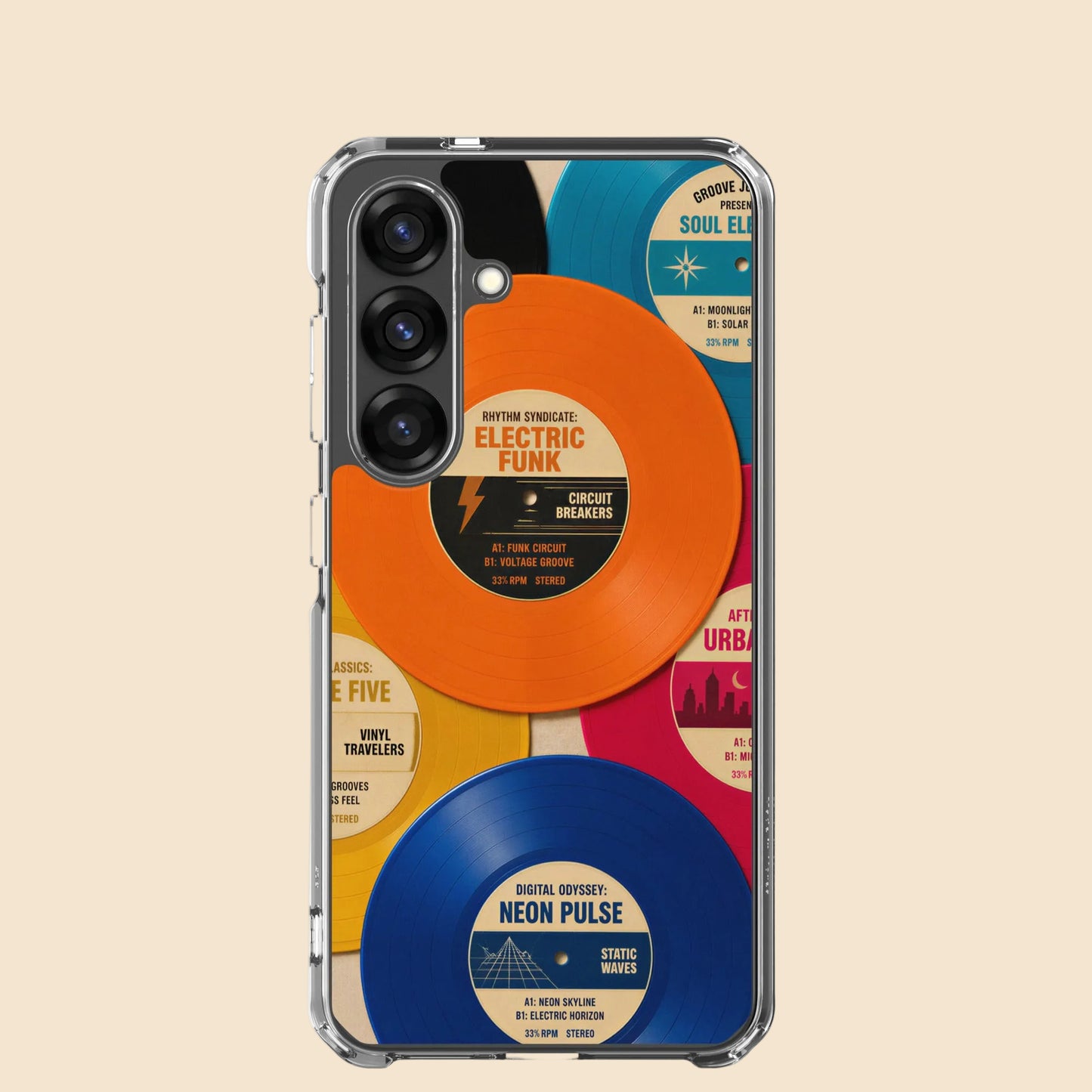 Funda transparente para Samsung con diseño de discos de vinilo vintage de colores