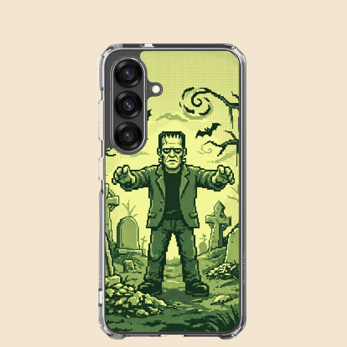 Funda transparente para Samsung® con ilustración retro de Frankenstein en tonos verdes, vista en primer plano.