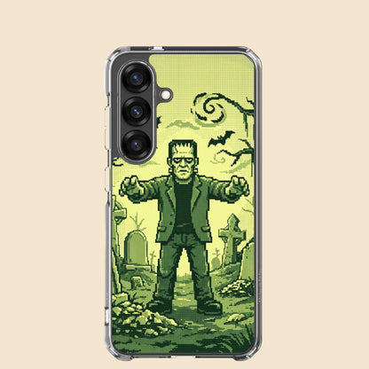 Funda transparente para Samsung® con ilustración retro de Frankenstein en tonos verdes, vista en primer plano.