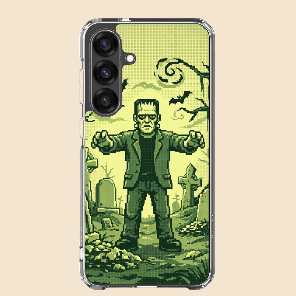 Funda transparente para Samsung® con diseño de Frankenstein en un cementerio, mostrada sobre fondo claro.