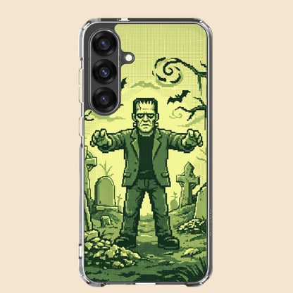 Funda transparente para Samsung® con diseño de Frankenstein en un cementerio, mostrada sobre fondo claro.