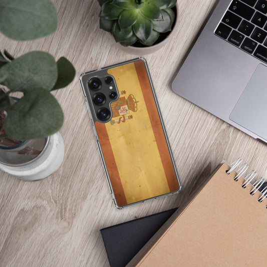 Funda transparente de Samsung con ilustración retro envejecida de bandera española al lado de un ordenador