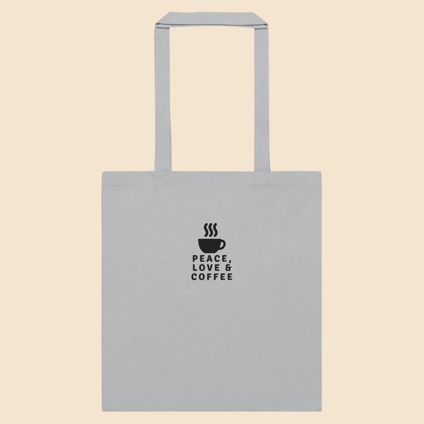 Bolsa de tela de algodón en tono gris claro con ilustración en negro de café.