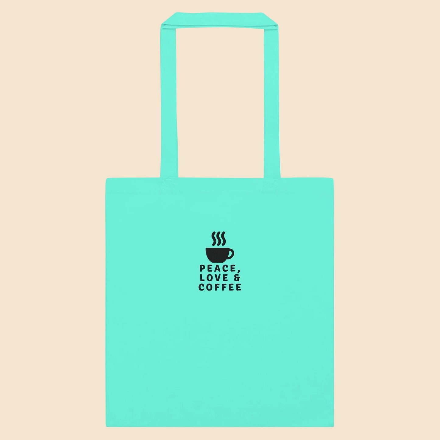 Bolsa de tela de algodón color verde menta con diseño frontal «Peace, Love & Coffee».