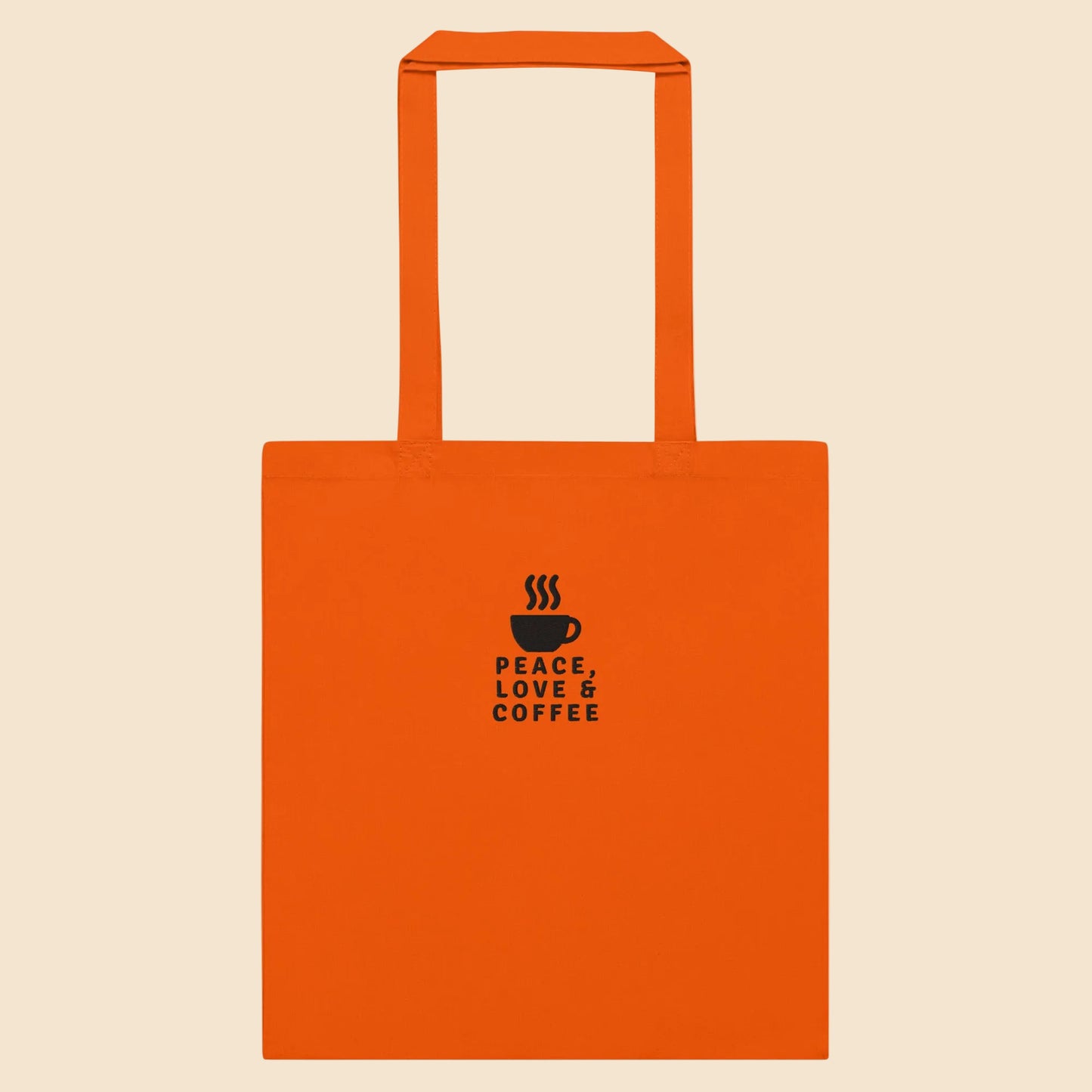 Bolsa de tela de algodón color naranja con diseño «Peace, Love & Coffee» y gráfico de taza de café humeante.