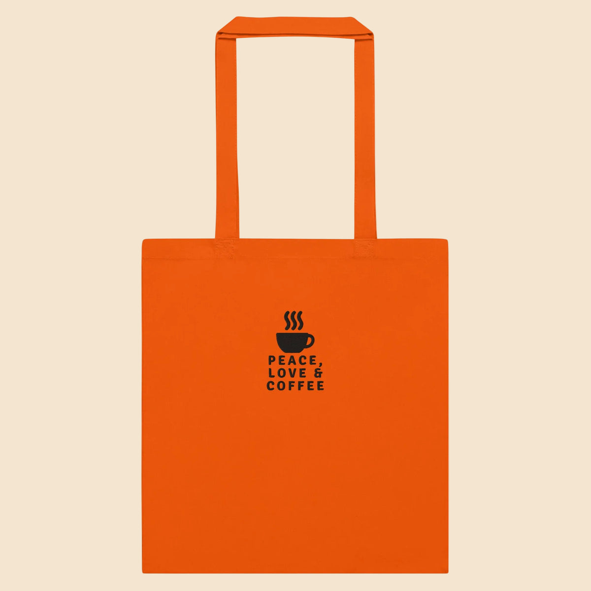 Bolsa de tela de algodón color naranja con diseño «Peace, Love & Coffee» y gráfico de taza de café humeante.