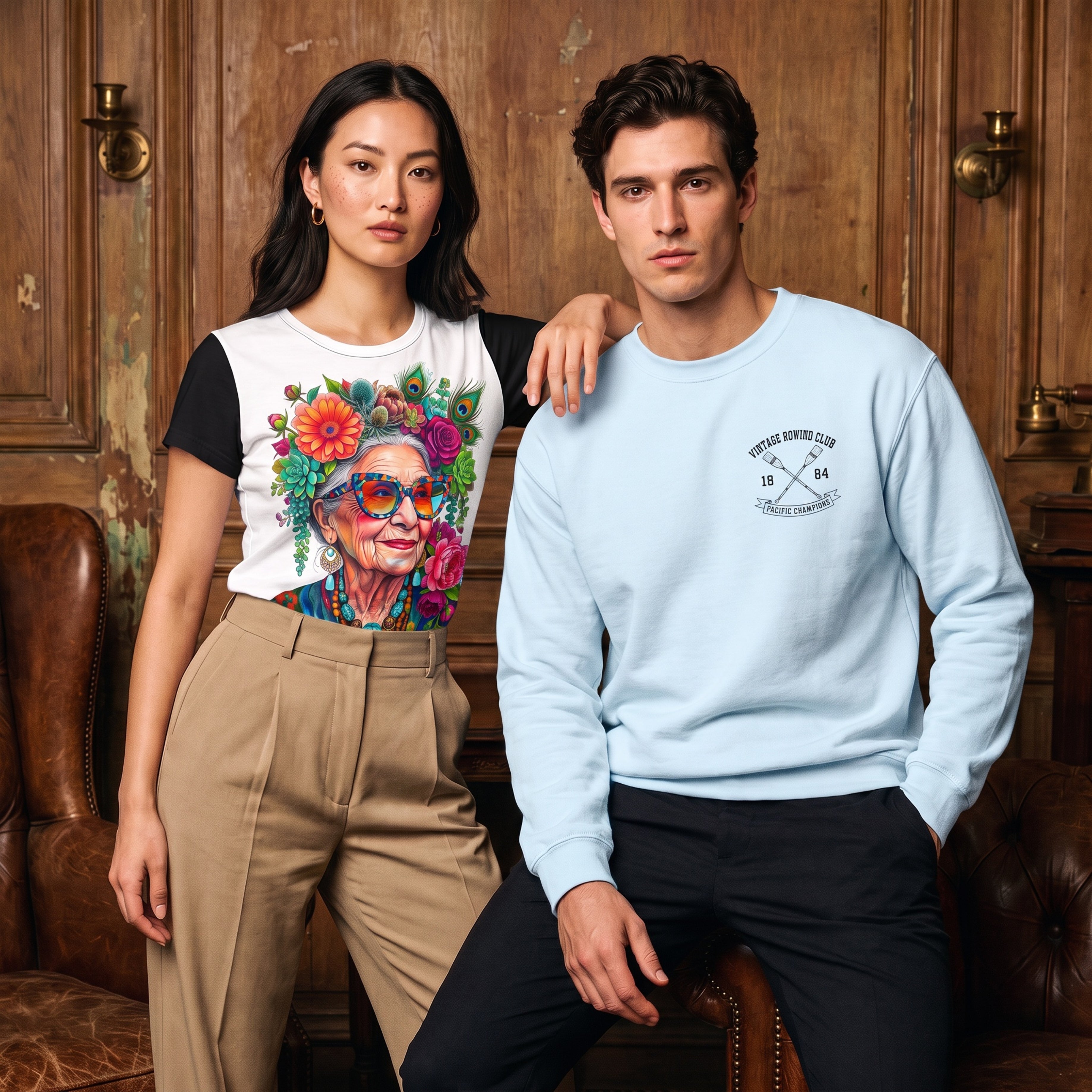 Pareja joven con camiseta gráfica y sudadera azul de estilo vintage en un interior de estética retro