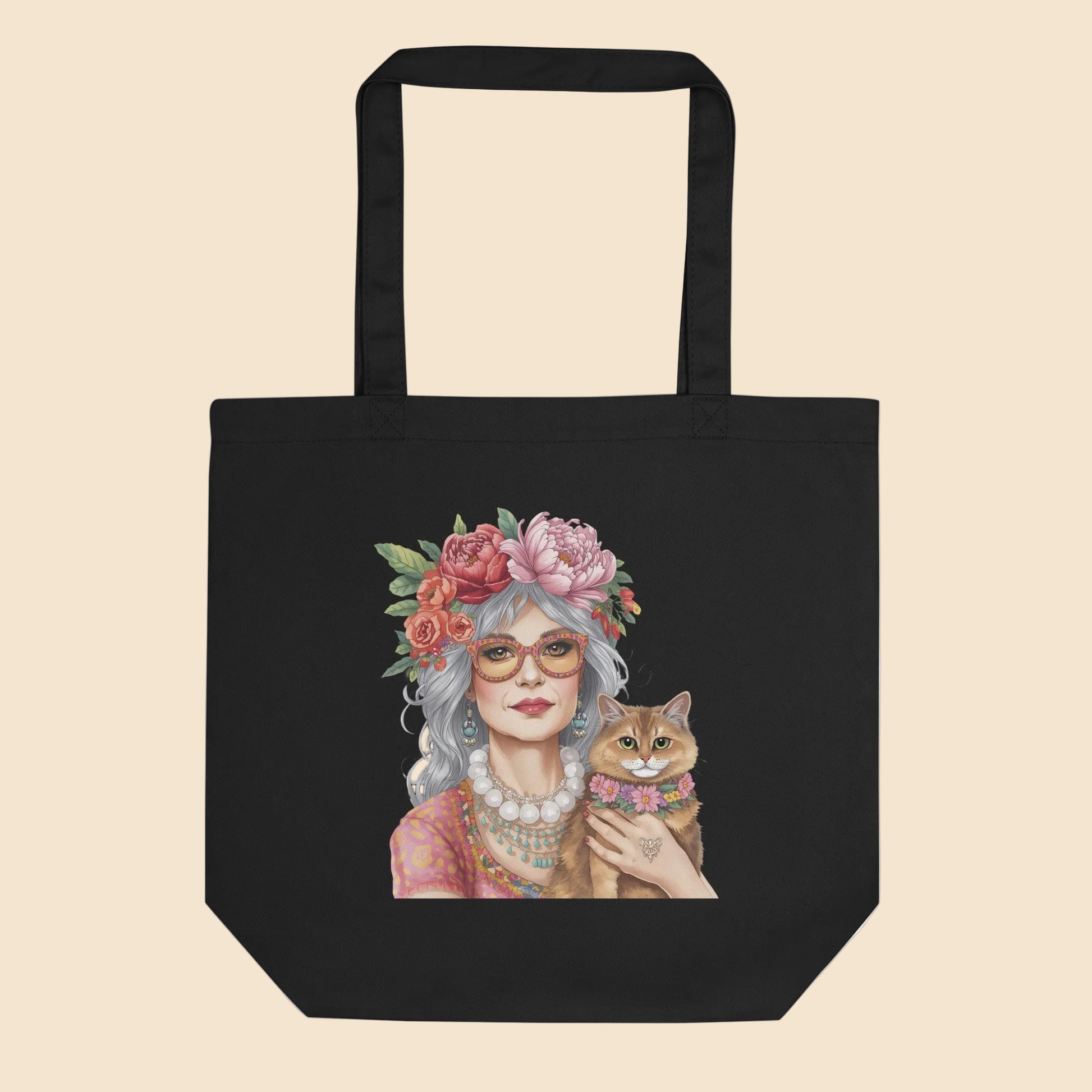 Bolsa de algodón orgánico con ilustración de mujer boho de cabello plateado y gato rodeados de flores