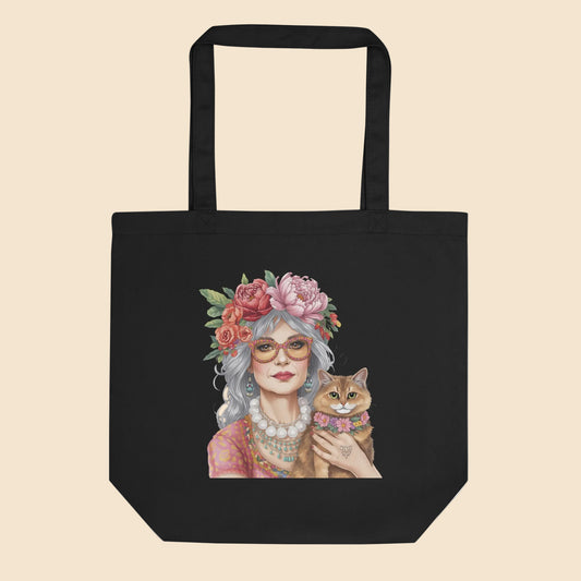 Bolsa de algodón orgánico con ilustración de mujer boho de cabello plateado y gato rodeados de flores