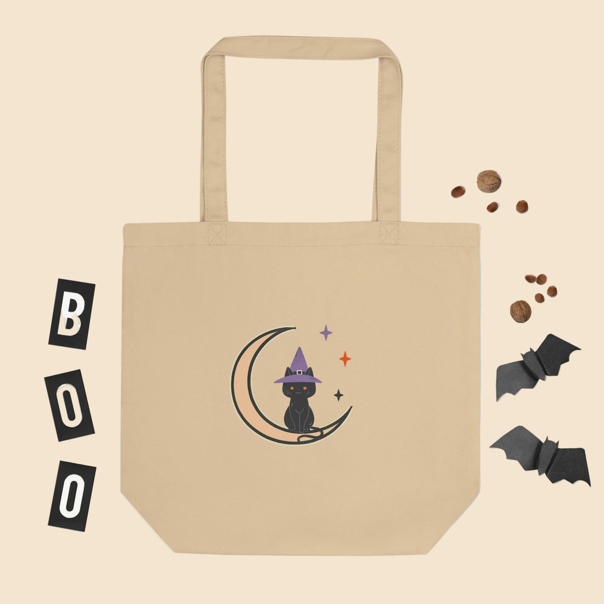 Bolsa de algodón orgánico con ilustración de gato negro con sombrero de bruja, luna creciente y estrellas
