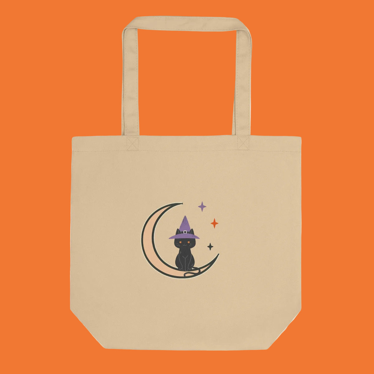 Bolsa de algodón orgánico con diseño de gato negro con sombrero de bruja sentado sobre una luna creciente