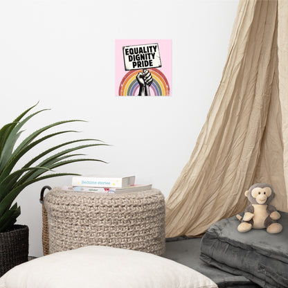 Póster Pride con mensaje Equality Dignity Pride en dormitorio de estilo retro