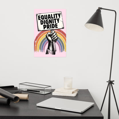 Póster retro Pride Equality Dignity sobre escritorio con decoración vintage