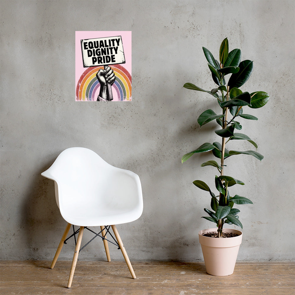 Póster Pride Equality Dignity con arcoíris en espacio interior decorado con plantas