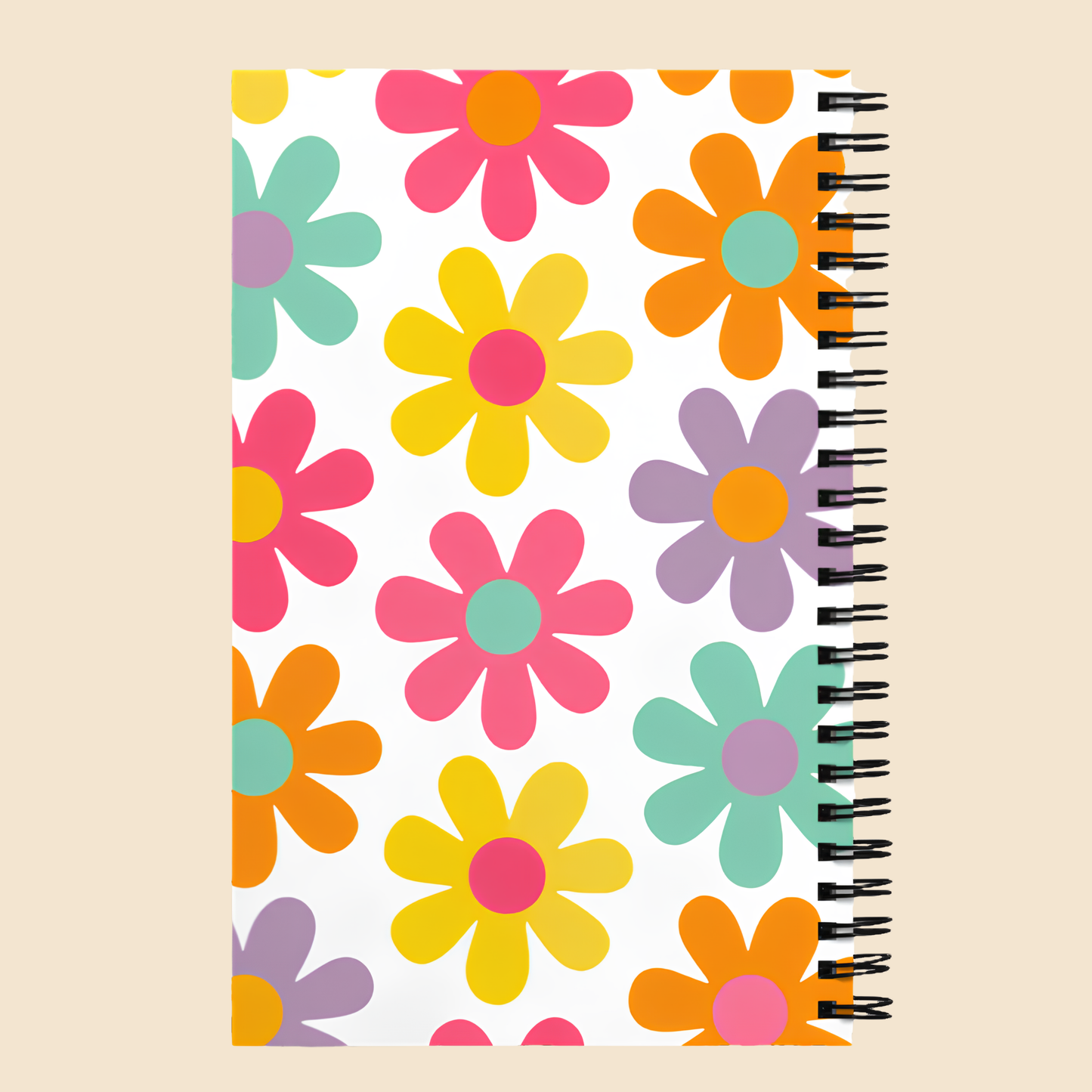 Portada completa de libreta retro con estampado floral de margaritas en colores pastel.