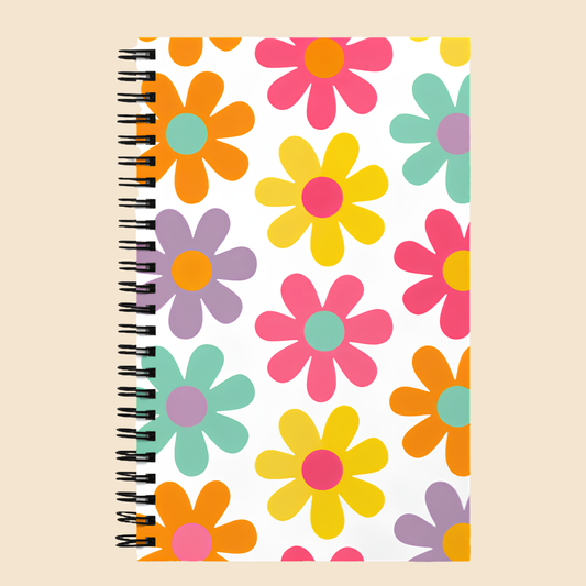 Libreta vintage con espiral y portada de flores multicolor estilo flower power inspirado en los años 70.
