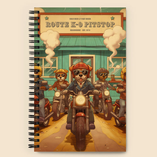Libreta vintage con espiral y diseño retro de perros moteros en una parada de carretera Route K-9 Pitstop estilo americano clásico.