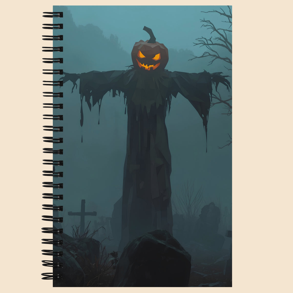 Libreta de espiral con diseño de Halloween de un espantapájaros con cabeza de calabaza en un cementerio