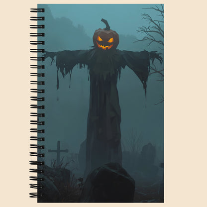 Libreta de espiral con diseño de Halloween de un espantapájaros con cabeza de calabaza en un cementerio