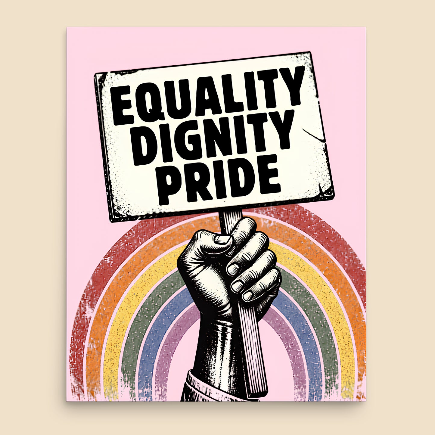 Póster Pride Equality Dignity con puño levantado y arcoíris retro