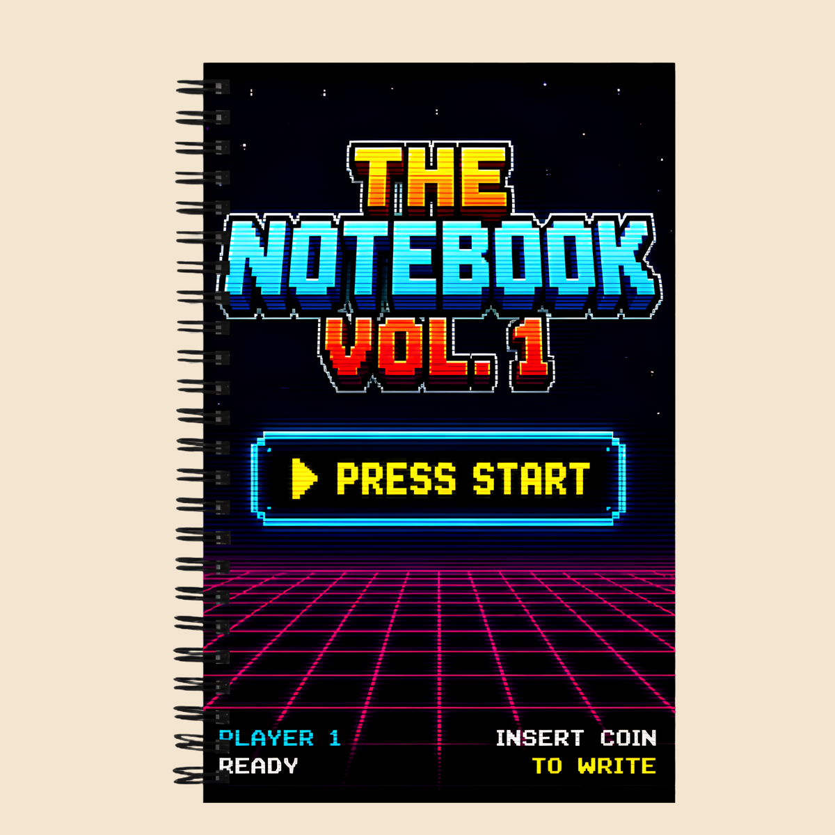 Libreta gamer retro con espiral y diseño arcade inspirado en videojuegos de los años 80 con estética pixel art.