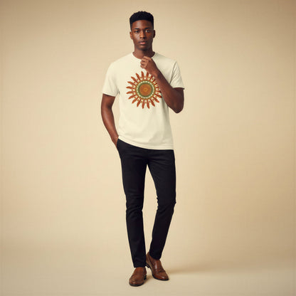 Hombre vistiendo una camiseta color crema de estilo vintage con diseño de sol y pantalones oscuros.