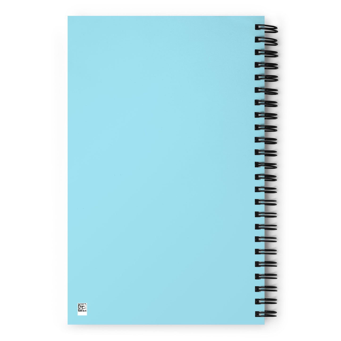 Parte trasera de libreta de espiral con diseño azul y encuadernación metálica.