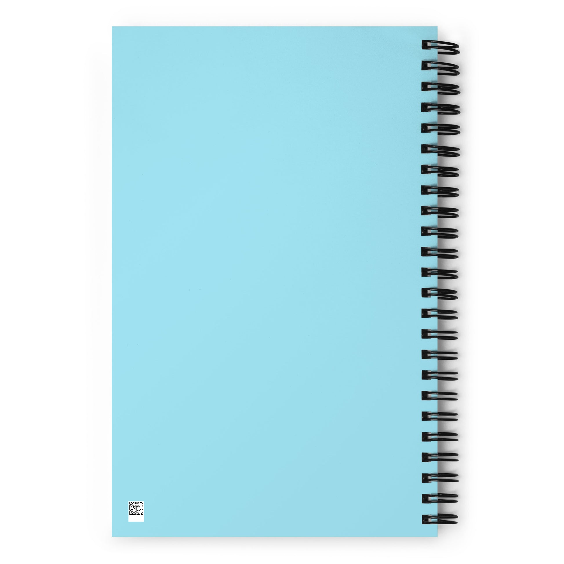 Parte trasera de libreta de espiral con diseño azul y encuadernación metálica.