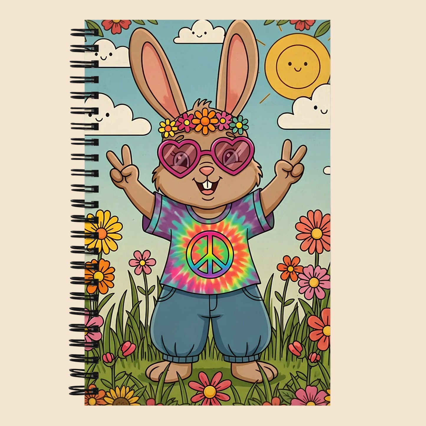 Libreta de espiral vintage con diseño hippie de conejo con gafas de corazón, flores y símbolo de paz estilo años 70.