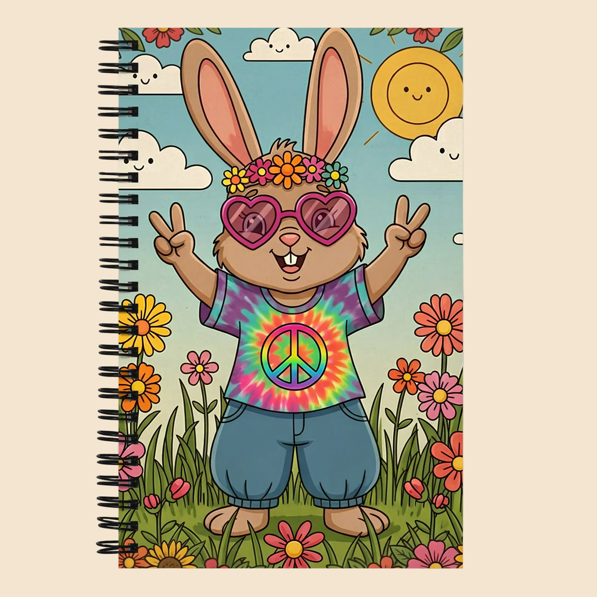 Libreta de espiral vintage con diseño hippie de conejo con gafas de corazón, flores y símbolo de paz estilo años 70.