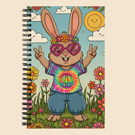 Libreta de espiral vintage con diseño hippie de conejo con gafas de corazón, flores y símbolo de paz estilo años 70.