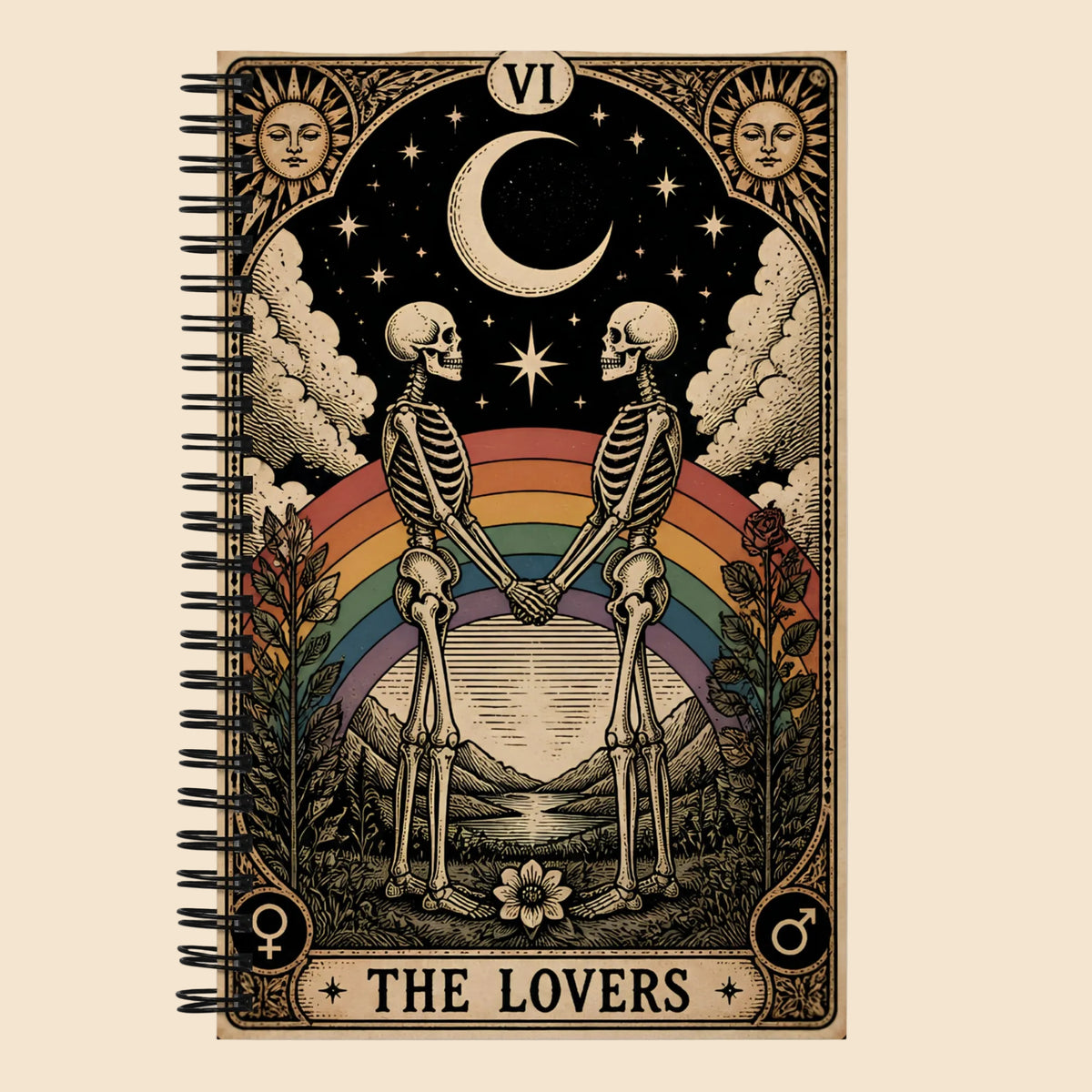 Libreta de notas con espiral y diseño vintage de tarot The Lovers con dos esqueletos bajo un cielo estrellado