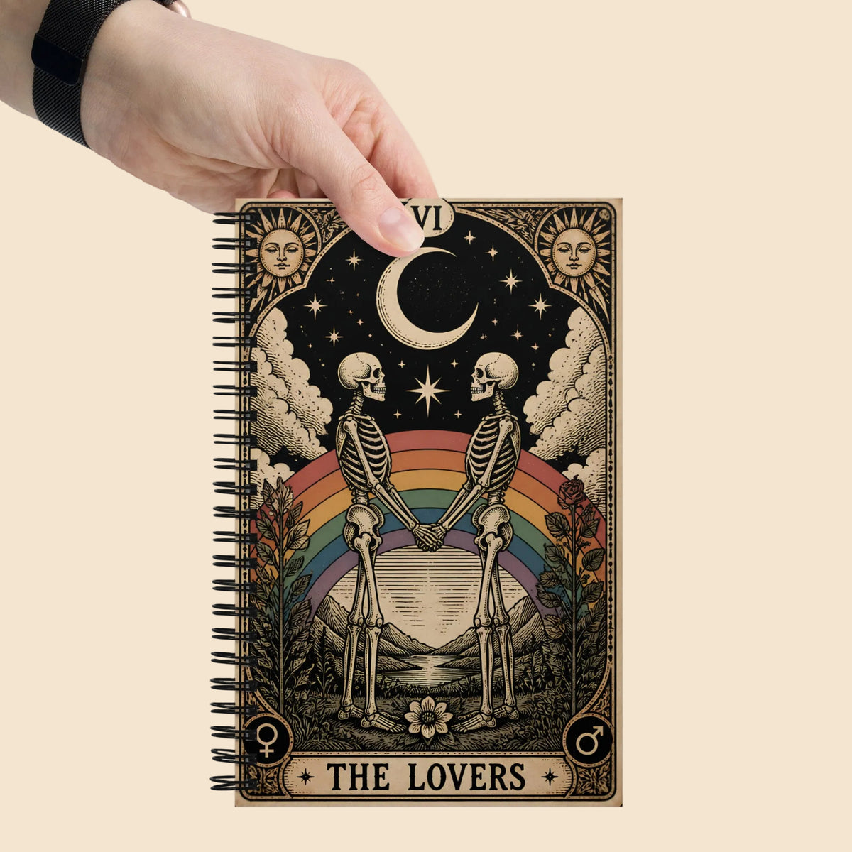 Libreta de notas con espiral y diseño de tarot vintage The Lovers con esqueletos, arcoíris y estrellas
