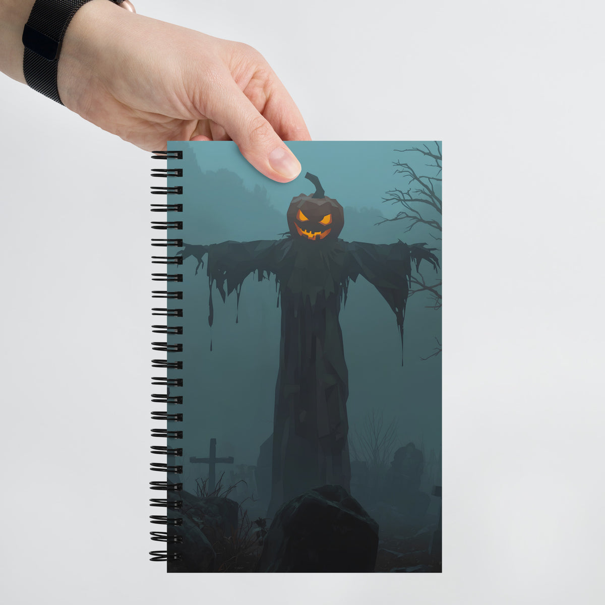 Libreta de espiral con diseño de terror vintage de un espantapájaros en un cementerio