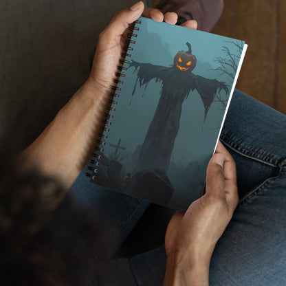 Persona sosteniendo una libreta de espiral con diseño de espantapájaros y calabaza de Halloween