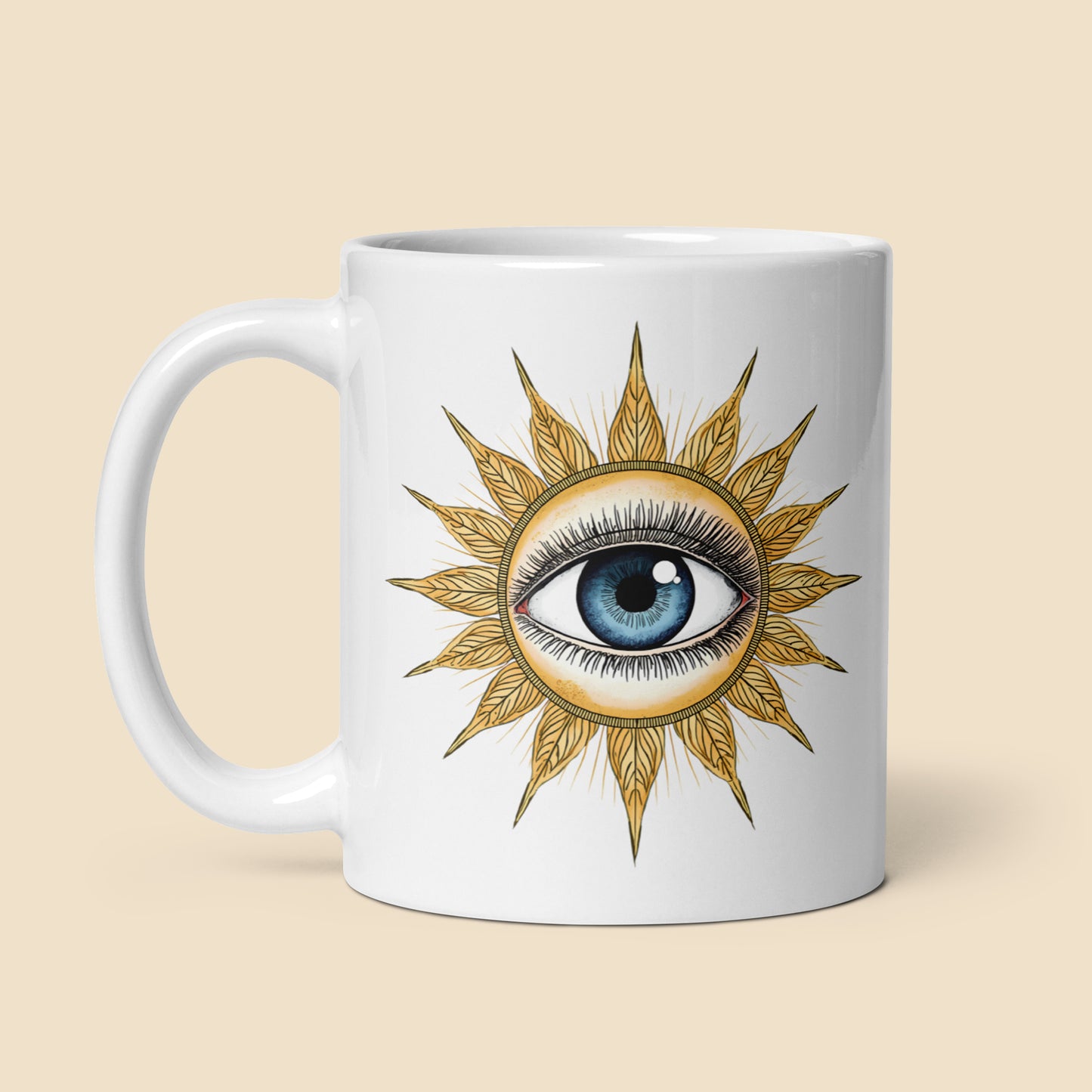 Taza de cerámica blanca con gráfico retro de sol y tercer ojo