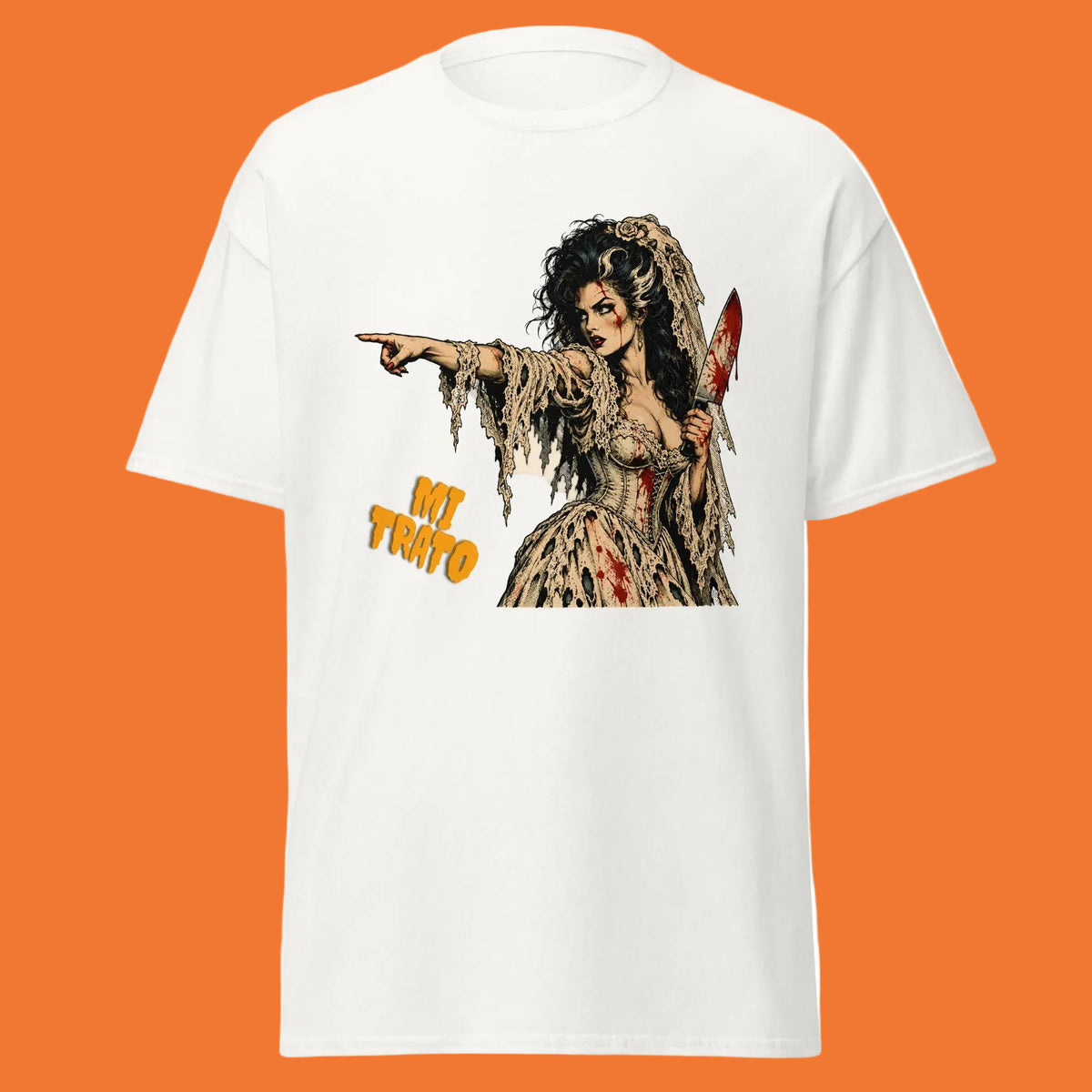 Camiseta blanca Gildan 5000 con diseño de novia siniestra de terror vintage y texto Mi Trato