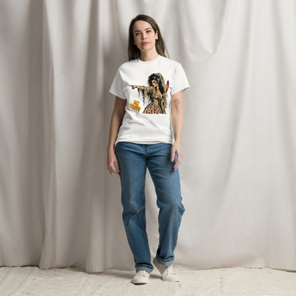 Mujer con camiseta blanca de Halloween con diseño de novia siniestra y texto Mi Trato