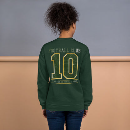 Mujer de espaldas vistiendo sudadera verde bosque con diseño universitario clásico.