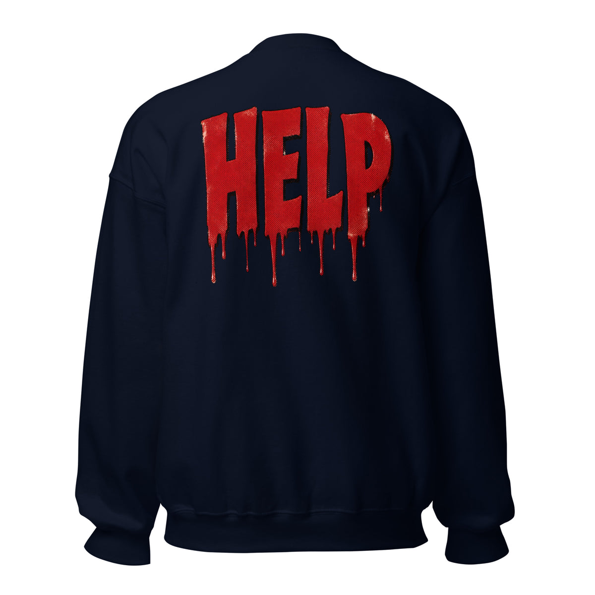 Sudadera azul marino con diseño HELP en rojo y efecto goteante de estilo horror vintage